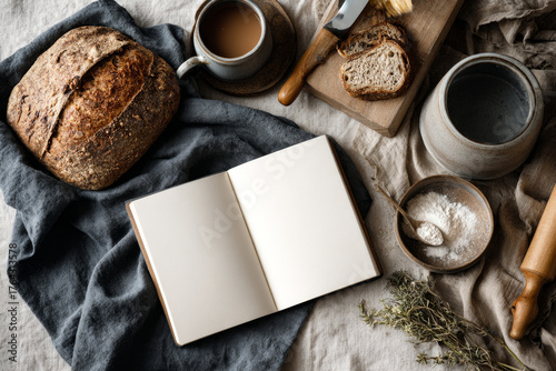 Freshly baked artisanal bread, a cup of coffee, and an open notebook on a rustic table, creating a cozy atmosphere for culinary inspiration and creativity