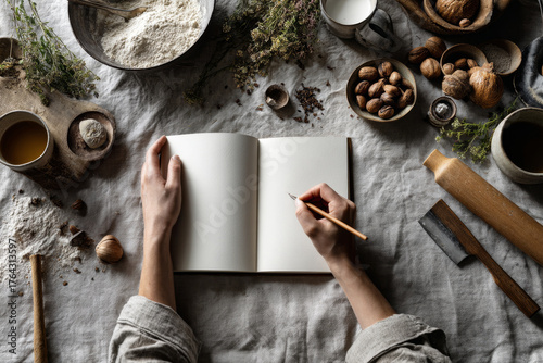 Hands of a person with light skin holding a pencil, writing in an open notebook on a rustic table surrounded by natural ingredients and kitchen tools, capturing a creative culinary process