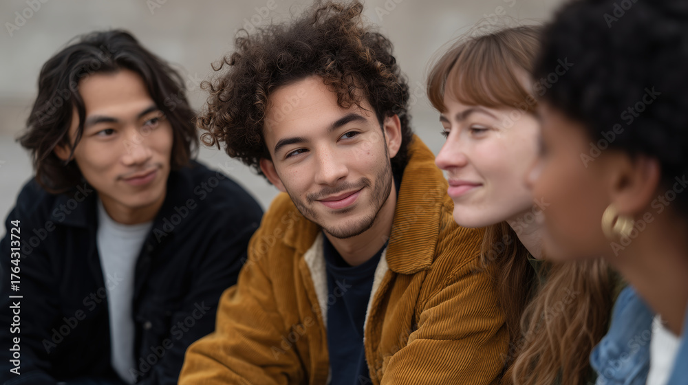 Fototapeta premium Group of Young Friends Engaging in Friendly Conversation Outdoors