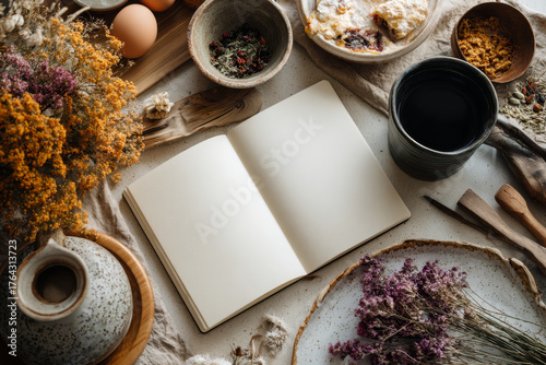 Open blank notebook surrounded by natural elements like dried flowers, spices, and kitchenware, creating a cozy and inviting atmosphere for creative writing or journaling