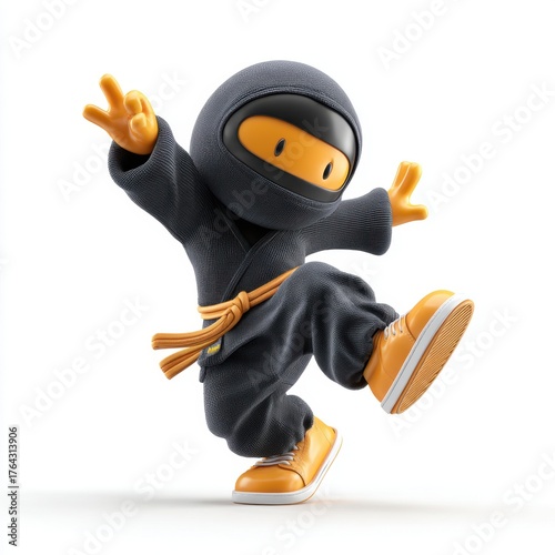 A stylized cartoon ninja character in a dark grey uniform with an orange belt and orange shoes in a dynamic pose