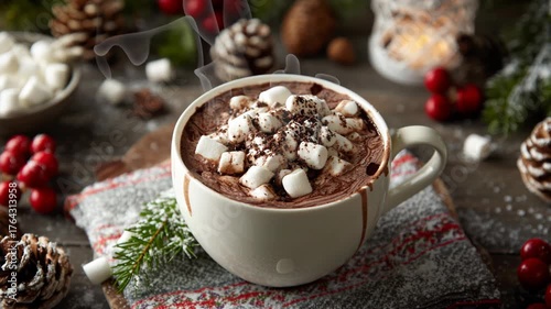 Hot chocolate in cup with christmas decorations