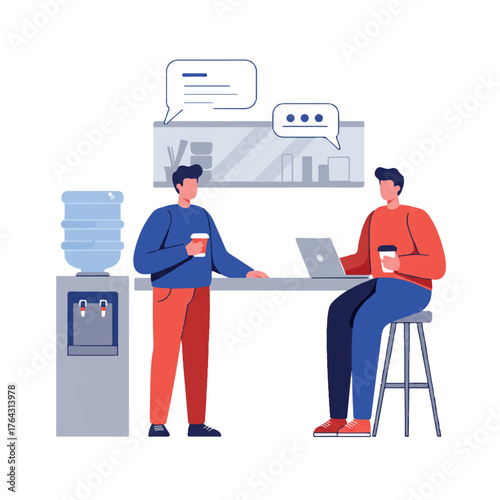Two office colleagues are having a casual discussion and drinking coffee near the water cooler in a relaxed break room, created in a simplified 2D flat vector style illustration.