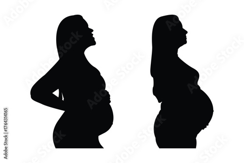 Pregnant woman silhouette, maternity profile vector, expecting mother clipart, side view pregnancy icons .  Future mom. Big set. eps 10