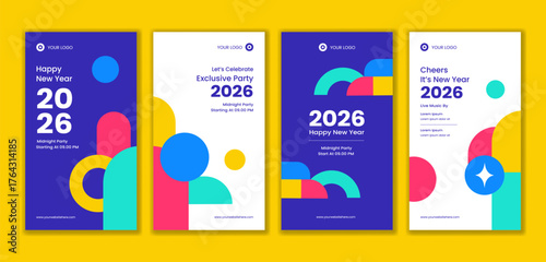 Happy New Year 2026 Social Media Stories Flat Cartoon Hand Drawn Templates Illustration