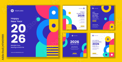 Happy New Year 2026 Flat Cartoon Social Media Post Hand Drawn Templates Illustration