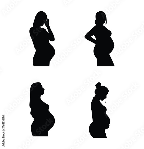 Pregnant woman silhouette, maternity profile vector, expecting mother clipart, side view pregnancy icons .  Future mom. Big set. eps 10