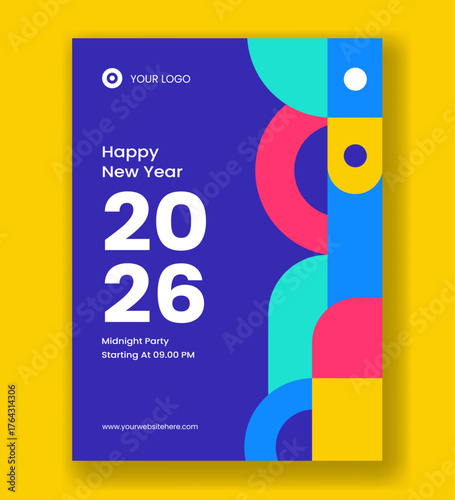 Vertical Poster Happy New Year 2026 Flat Cartoon Hand Drawn Templates Background