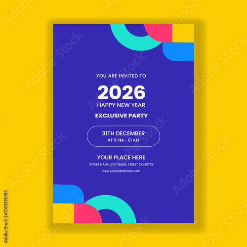 Invitation Template Happy New Year 2026 Flat Cartoon Hand Drawn Illustration
