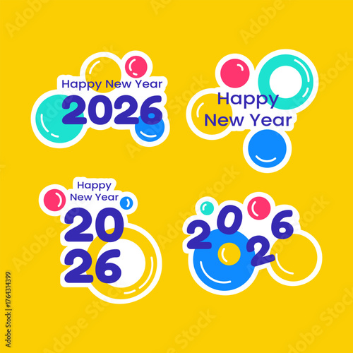 Happy New Year 2026 Label Flat Cartoon Hand Drawn Templates Background Illustration