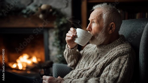 old man sitting in an armchair by the fireplace