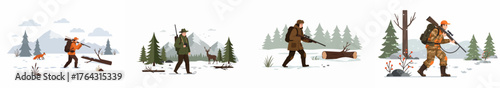 Winter Hunting Scenes Vector Set. Collection of Hunters with Rifles Tracking Wildlife (Deer, Fox) Across Snowy Forest and Mountain Landscapes.