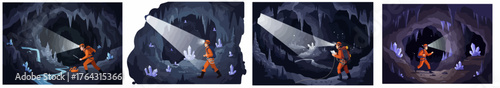Four scenes of cave exploration, featuring a speleologist finding glowing crystals, underground streams, and geological formations in dark caverns.