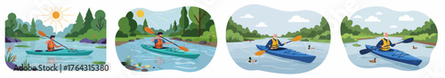 Scenic Kayaking Adventures: Vector set of young and senior men paddling canoes on calm rivers surrounded by lush green summer forests.