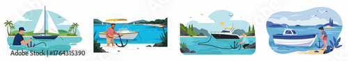 Vector scenes illustrating people anchoring sailboats and motor yachts near beautiful tropical beaches and coastal landscapes for summer leisure.