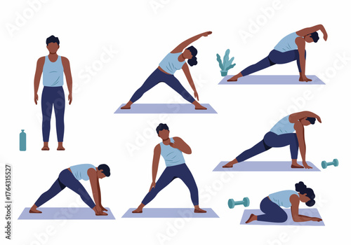 African American woman demonstrating yoga and stretching exercises in a workout illustration set.