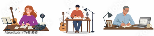 Set of musicians and composers writing songs, displaying the creative process of music production using traditional and modern tools.