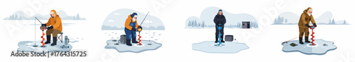 A set of vector illustrations depicting people engaging in winter ice fishing, using rods and specialized augers to drill holes in frozen lakes.