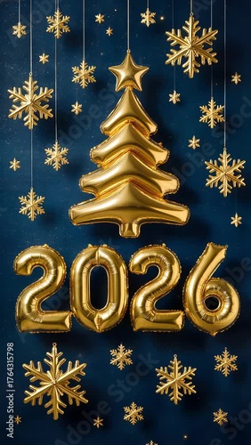 Animated 2026 New Year Blue Banner with Golden Balloons and Christmas Tree