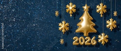 Animated 2026 New Year Blue Banner with Golden Balloons and Christmas Tree