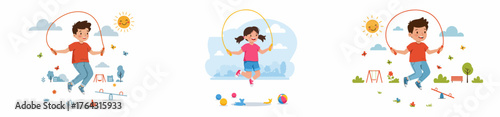 Vector illustration of happy children skipping rope outdoors. Kids playing active sports and fitness games in the park during sunny weather.