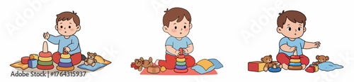 Cute Toddler Boy Playing with Developmental Stacking Toys and Blocks, Illustrated Set Showing Early Childhood Learning and Fun.