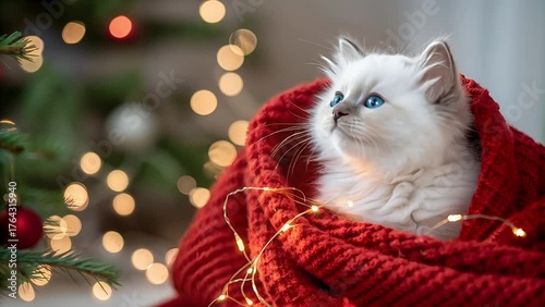 Cute Christmas Kitten Wrapped in Red Knitted Blanket with Fairy Lights