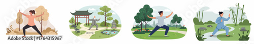 Set of illustrations showing diverse people practicing Tai Chi and Qigong exercises in peaceful natural and traditional Chinese gardens.