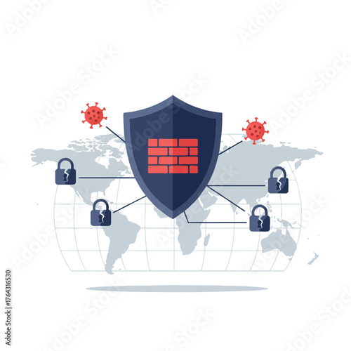 Global digital security shield vector illustration depicting powerful firewall protection defending a stylized world map grid from abstract red virus threats and broken lock symbols.