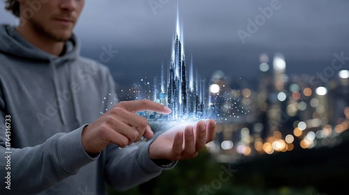 Future in Hand: A forward-thinking individual grasps a futuristic city model, representing technological advancements and urban innovation, with the backdrop of a modern city at night.