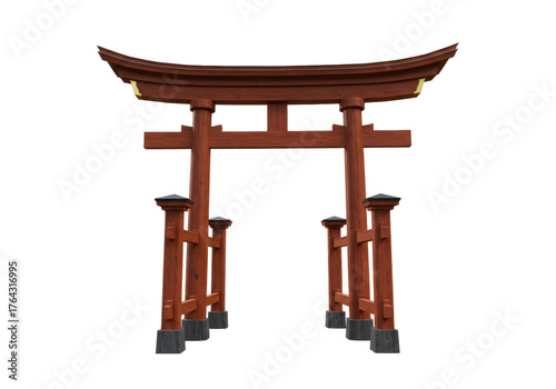 Traditional Japanese torii gate isolated, wooden Shinto shrine entrance on transparent background, cultural landmark for travel and architecture