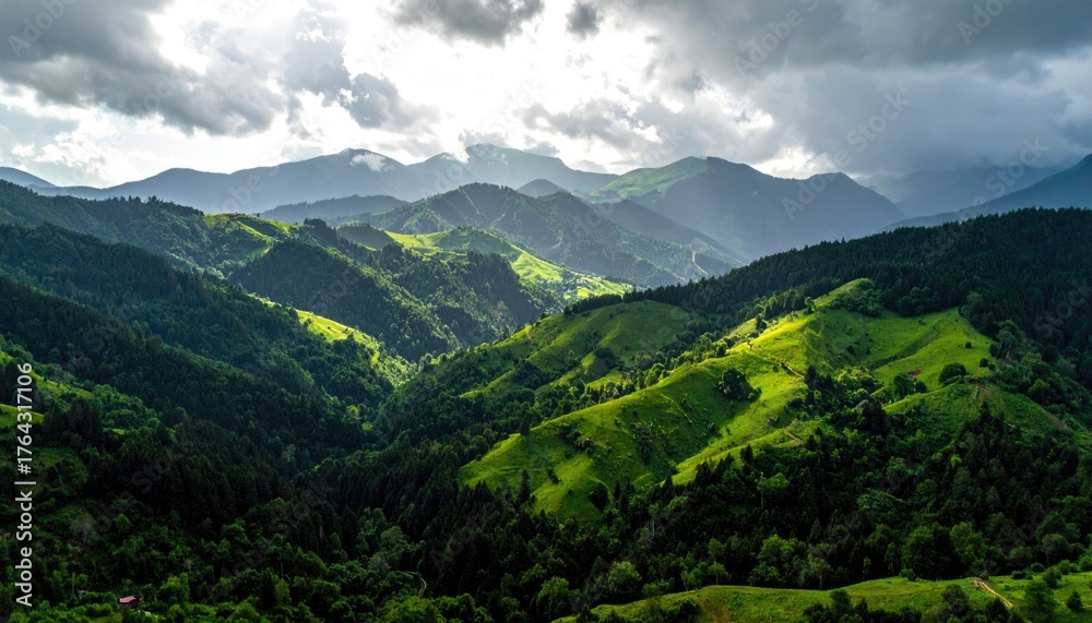 Fototapeta premium Lush Green Rolling Hills Illuminated by Dramatic Sunlight Rays Breaking Through Stormy Clouds Over a Dense Forest Below