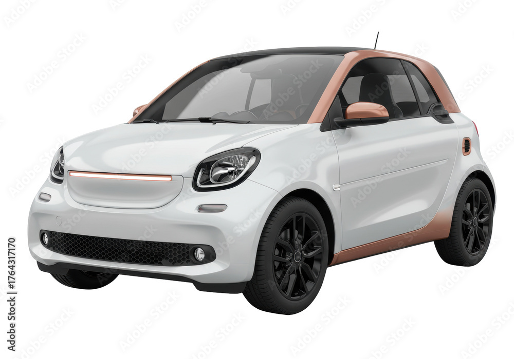Naklejka premium Modern white and copper electric car isolated, compact vehicle for urban transportation and eco-friendly lifestyle