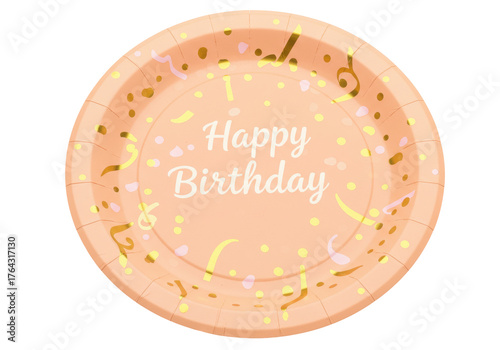 Peach birthday paper plate isolated on white, party tableware for celebrations and festive occasions