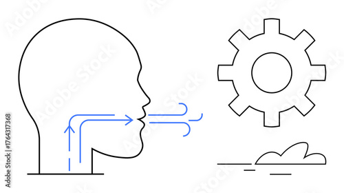 Human profile exhaling air illustrated with arrows alongside a gear symbolizing ideas or innovation. Ideal for science, health, technology, respiration, creativity, process, and innovation themes