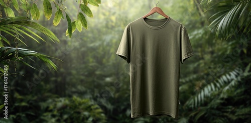 Olive tee on hanger, lush jungle backdrop. Earthy, natural feel