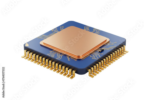 Papier peint Blue and gold computer chip isolated on transparent background, modern electroni