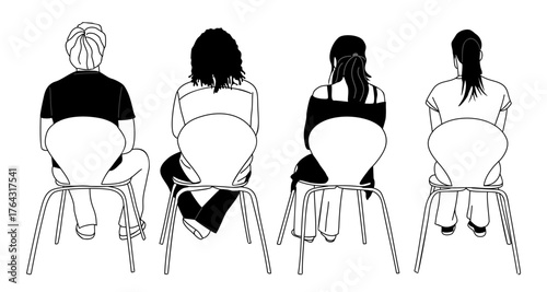 Set of different people sitting on modern wire-frame chairs, viewed from behind. Simple linear illustration with clean design and contemporary aesthetic. Outline drawing on transparent background