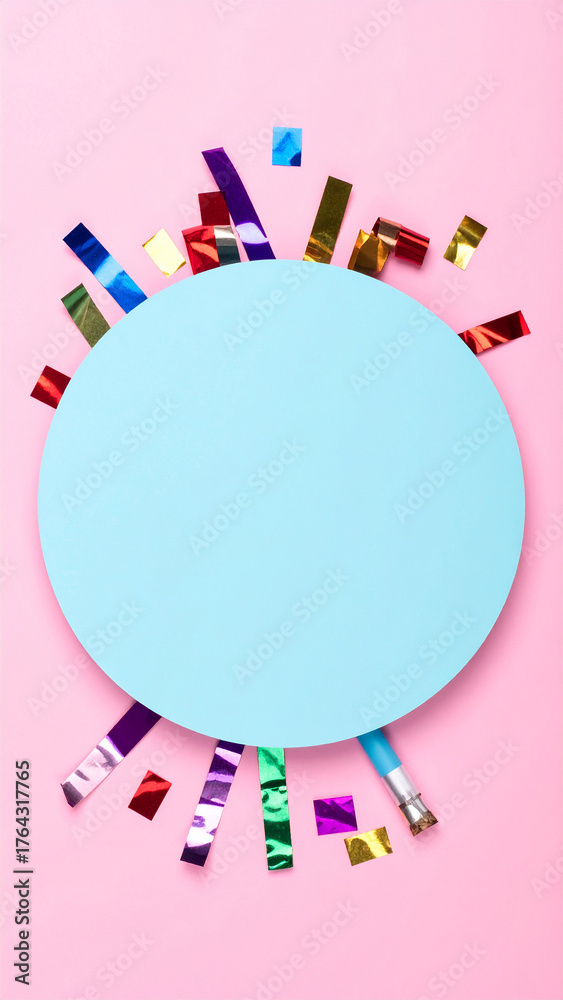 Fototapeta premium Confetti and Blue Circle: A playful scene of vibrant confetti and a blue circle, creating an atmosphere of festivity and joy, ideal for announcements or celebratory messaging.