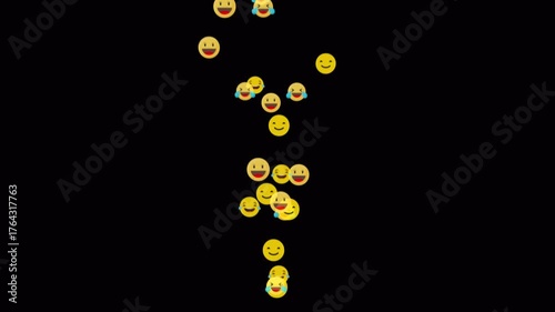 Happy and laughing emojis cascade down on dark background. Funny yellow faces animation with alpha channel, perfect for humor or social media visuals, 4K seamless loop.