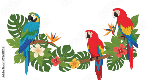 Colorful Macaws Perched Amidst Lush Tropical Foliage.