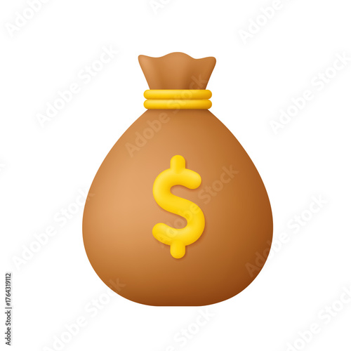 Brown money bag with gold yellow dollar symbol. Business, finance, banking, savings, transactions and investment concept. 3d vector icon. Cartoon minimal style.