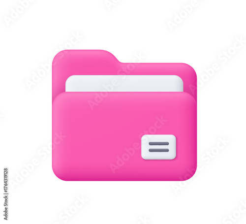 Pink computer folder with document file. Business, file management, digital file, data storage, organization, technology, office and business concept. 3d vector icon. Cartoon minimal style.