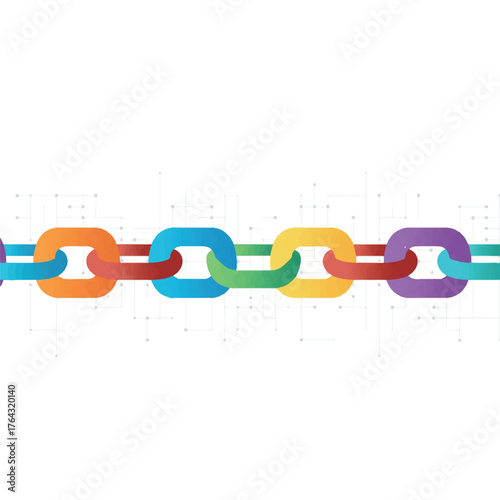 Blockchain technology visualized as an interlocking chain of vibrant, transparent polygonal blocks stretching horizontally across a subtle digital grid, 2D flat vector illustration.