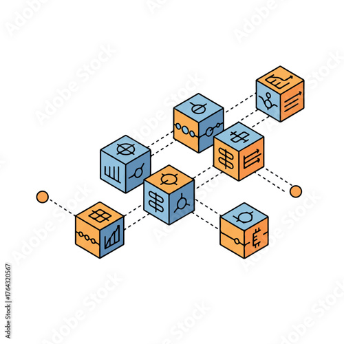 Decentralized blockchain network illustrated by interlocking geometric blocks featuring unique data symbols connected by abstract secure hash pathways in a clean 2D vector style.