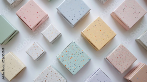 Wallpaper Mural Flat lay arrangement of square pastel snack or storage boxes with a modern speckle or terrazzo design, showcasing soft colors and aesthetic minimalism Torontodigital.ca