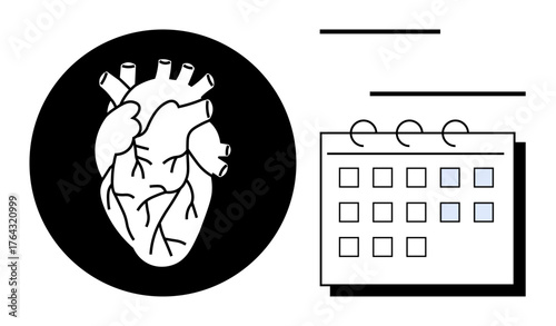 Human heart in bold circle next to calendar symbolizing regular health check-ups. Ideal for healthcare, wellness awareness, cardiology, time management, prevention, medical appointments, simple flat