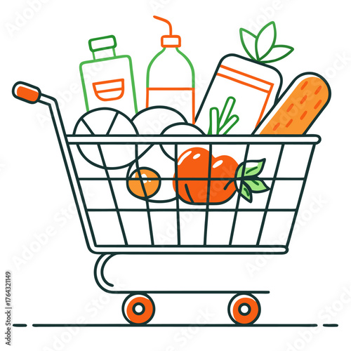 Stylized shopping cart filled with groceries and produce