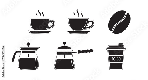 Black and white coffee icons depicting cup and press vector art