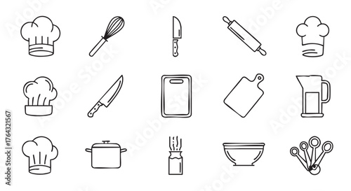 Black and white drawing of kitchen tools for cooking preparation